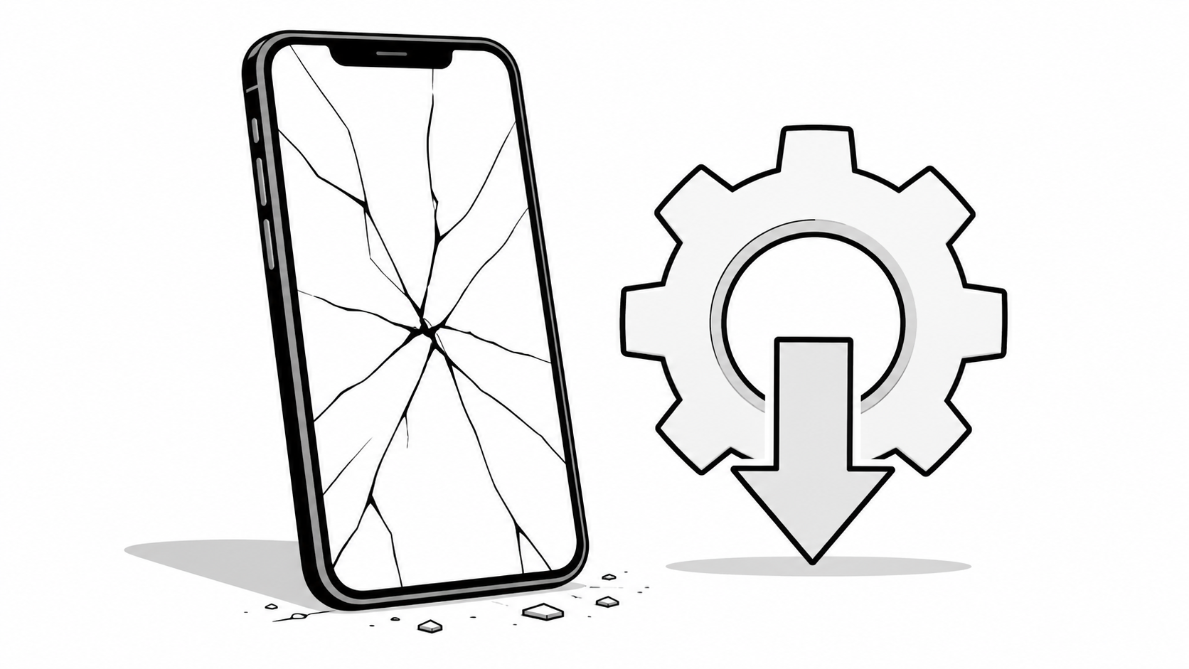 Черно-белая иллюстрация: смартфон с трещиной на экране, рядом шестеренка и стрелка вниз, символизирующая сбой после обновления