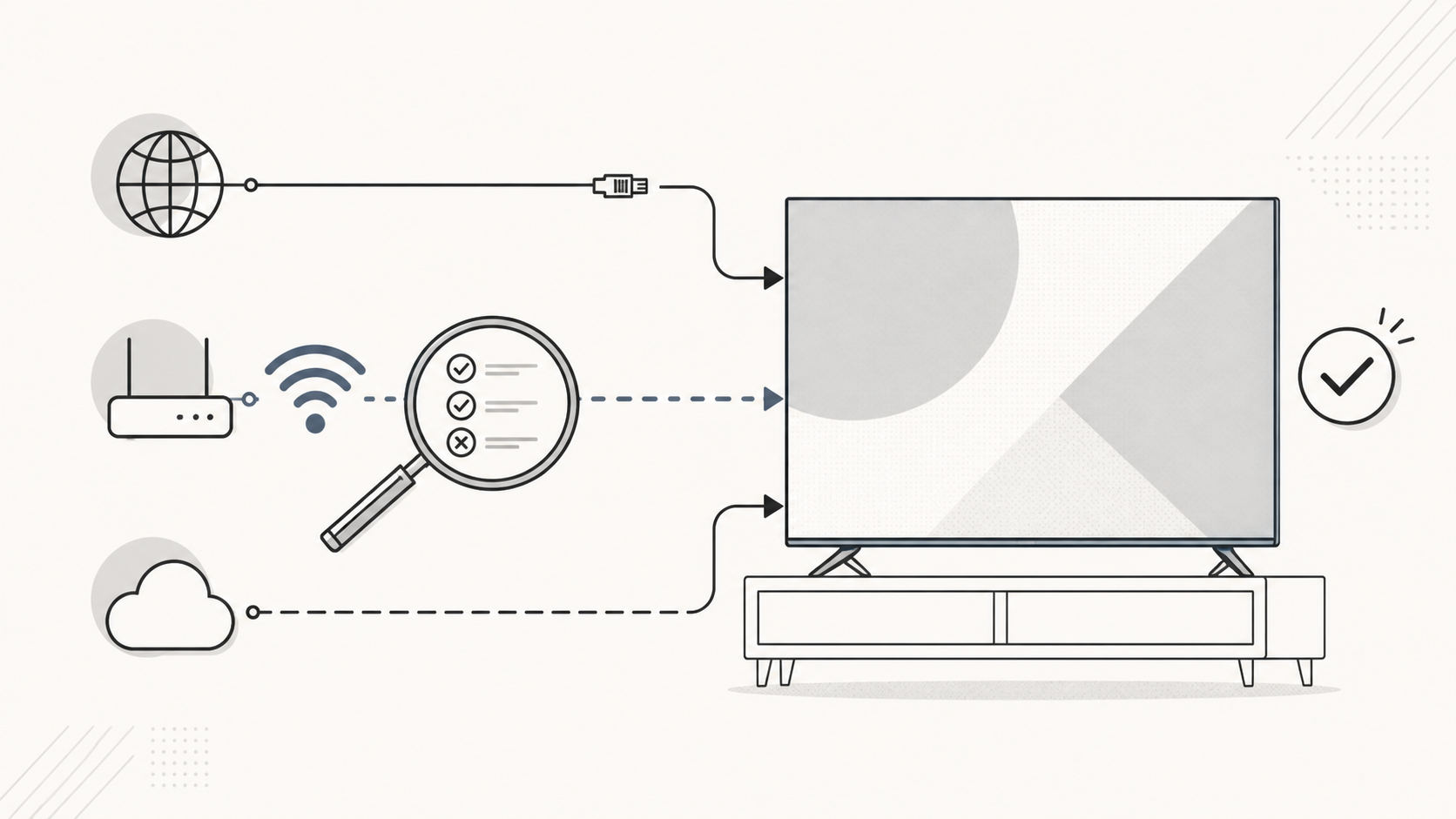 Черно-белая редакционная иллюстрация: Smart TV с абстрактным интерфейсом, рядом маршруты подключения и индикатор проверки
