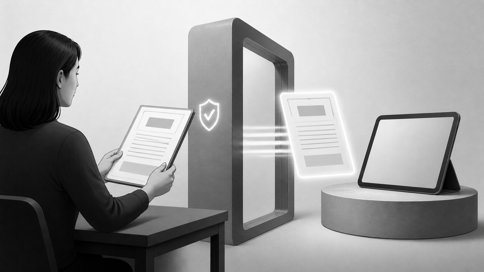 Два человека передают друг другу ключ от VPN-сервиса, на фоне схематичного глобуса и соединённых устройств