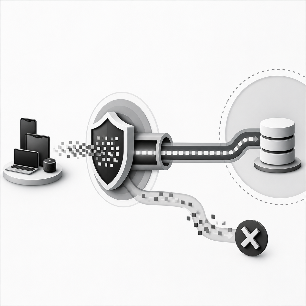 Абстрактная иллюстрация безопасности VPN: щит и замок в черно-белой технической графике