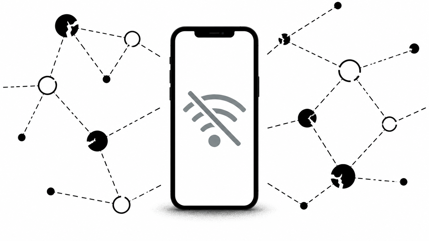 Черно-белая иллюстрация: смартфон с перечеркнутым значком Wi-Fi, вокруг него пунктирные линии, символизирующие отсутствие соединения