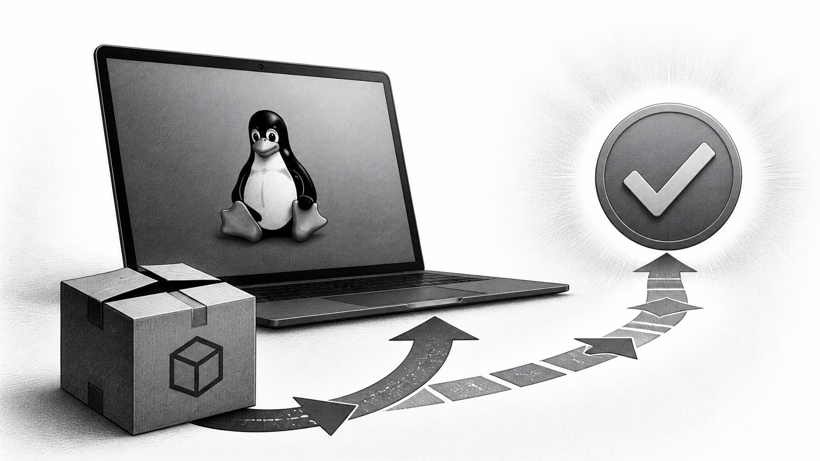 Черно-белая иллюстрация установки VPN на Linux: терминал с командами и пингвин
