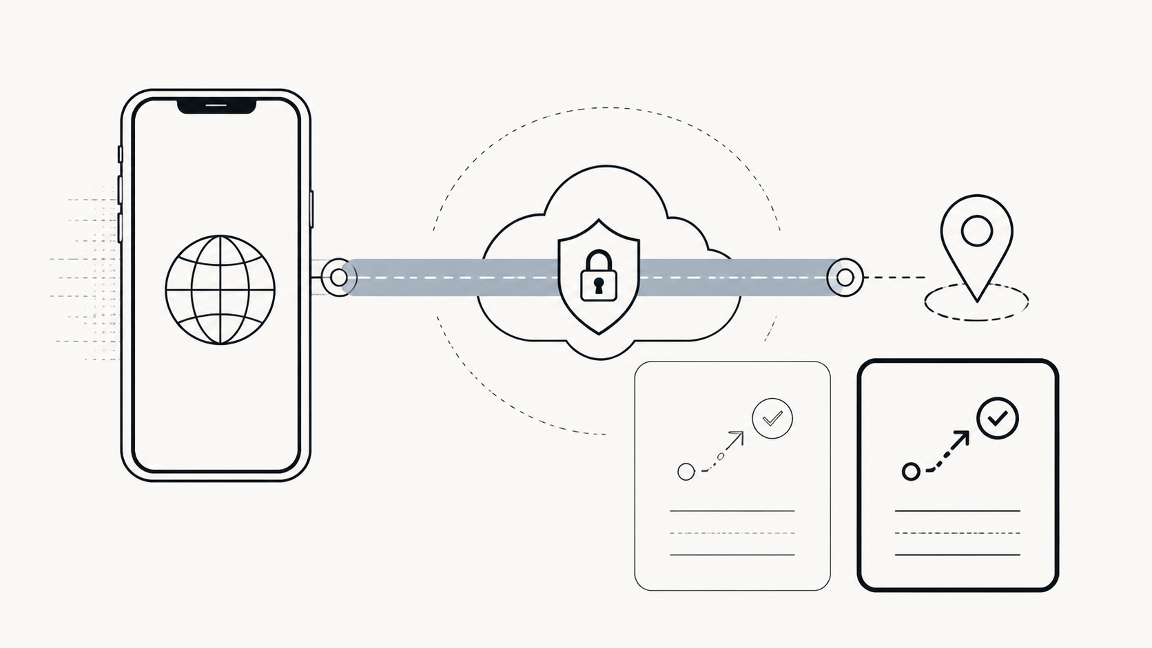 Абстрактная иллюстрация концепции VPN для iOS: iPhone с экраном, показывающим стилизованный маршрут через облако, с замком и щитом