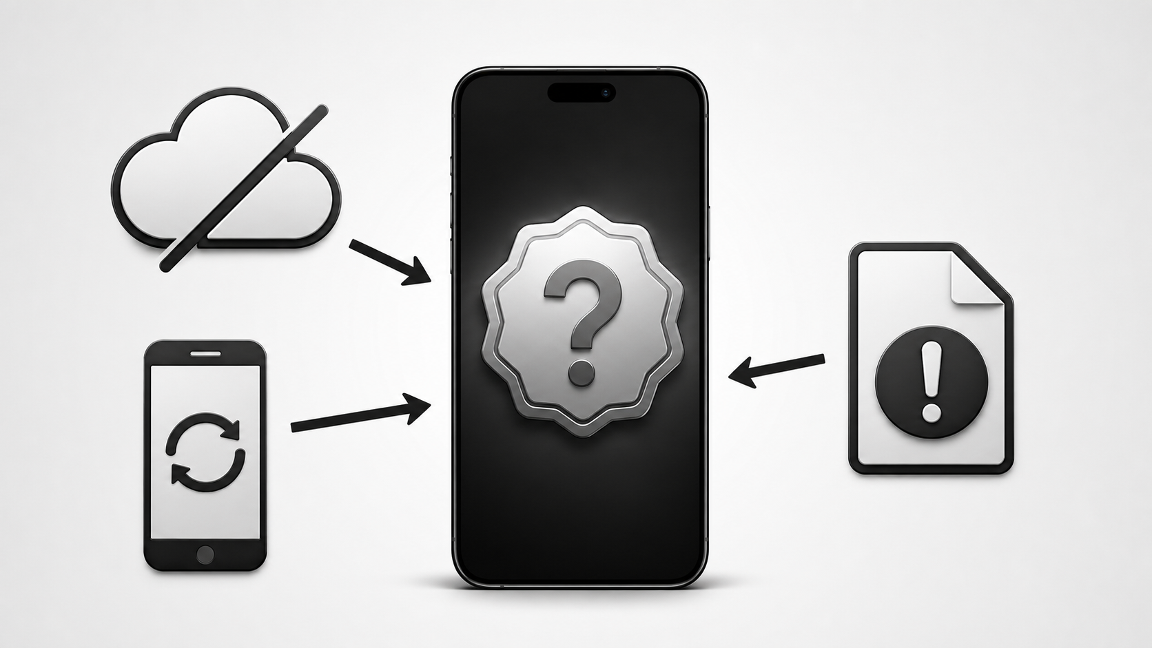 Схематичное изображение смартфона, который не видит значок Premium, с облаком и стрелками, указывающими на возможные причины